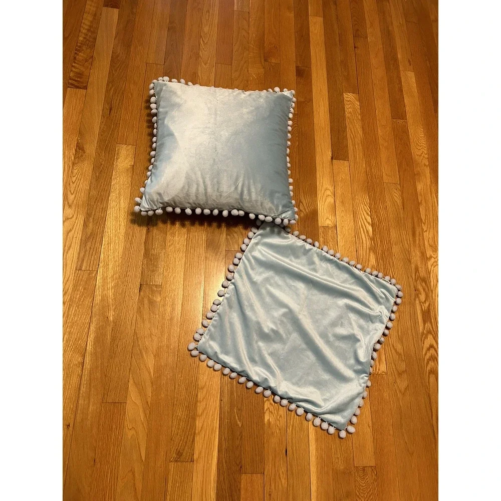 Set of 2 Velvet Pillow Covers Ice Blue with Pom‎ poms Boho Baby Bohochic